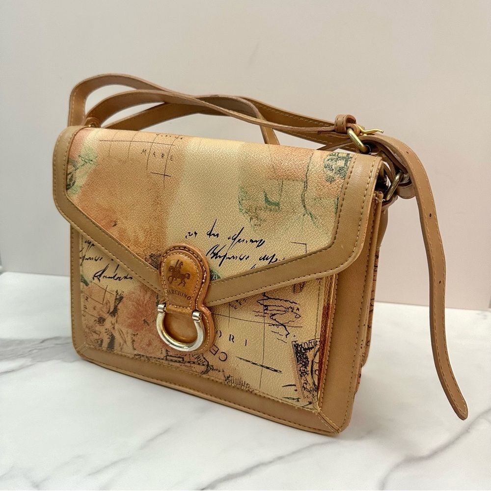 Marchino Vintage Tan World Atlas Traveler Handbag Purse One Size Adventure Chic